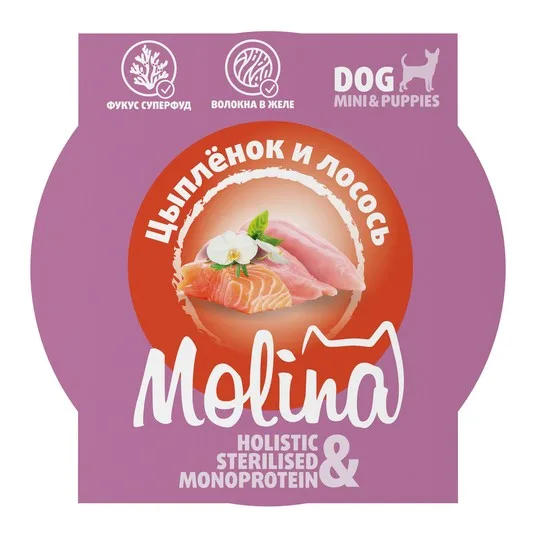 MOLINA. Ламистер для взрослых собак мини-пород. Цыпленок и лосось в желе, 75 г, 6010698