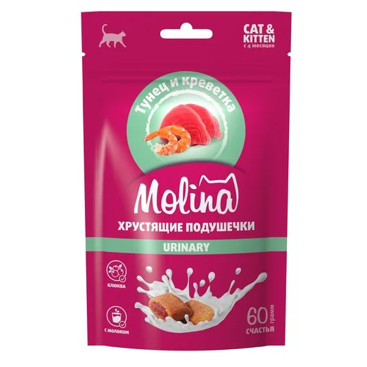 MOLINA Лакомство для кошек и котят "Хрустящие подушечки с начинкой из тунца и креветок", URINARY, 60г