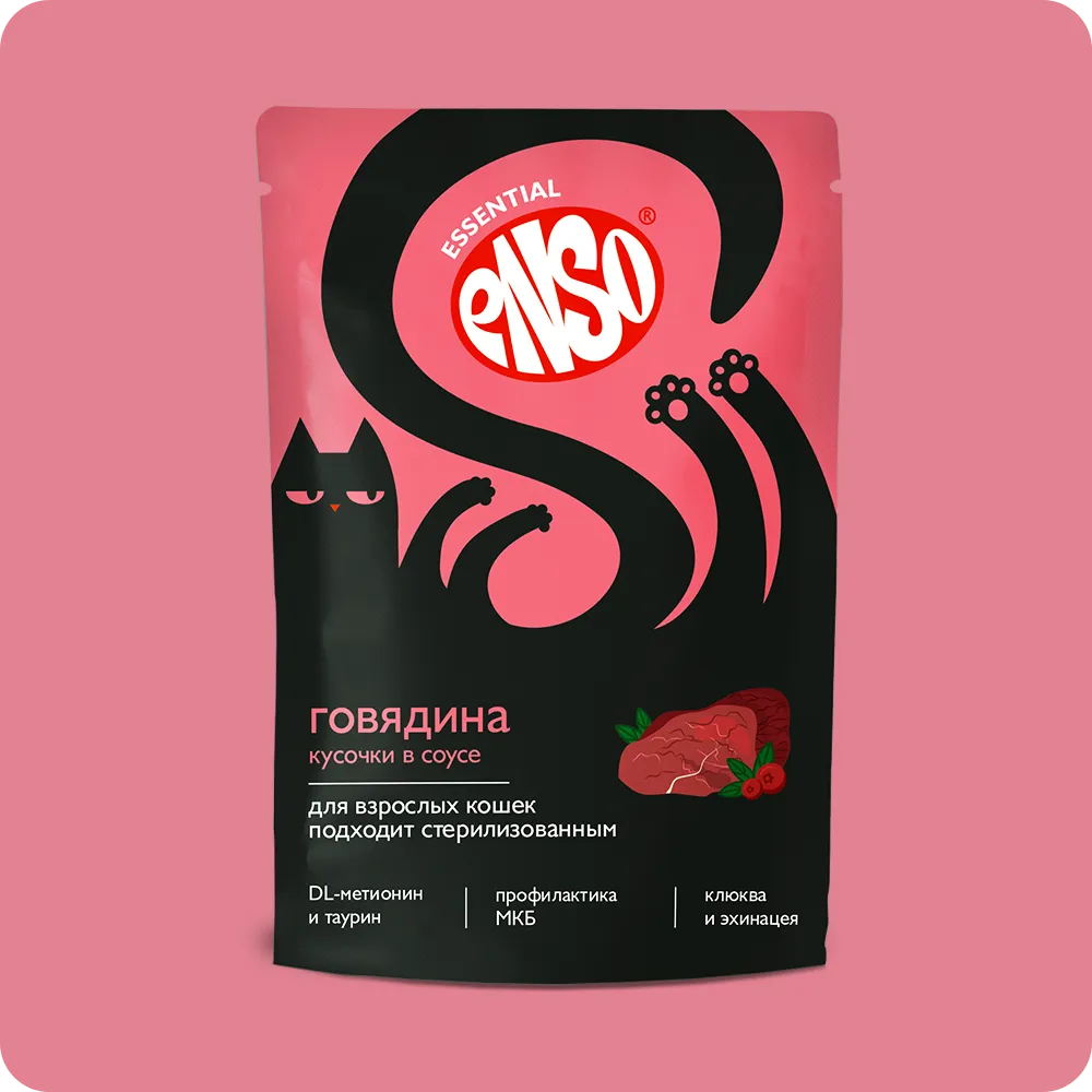 ENSO Корм влаж полнор д/взросл кошек, кусочки в соусе с говядиной, пауч 85г/24 (Без характеристики),