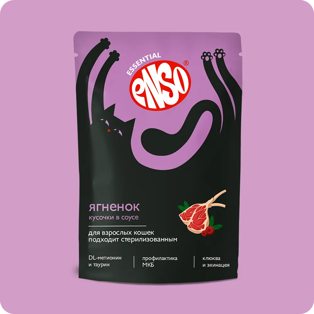 ENSO Корм влаж полнор д/взросл кошек, кусочки в соусе с ягненком, пауч 85г/24 (Без характеристики),