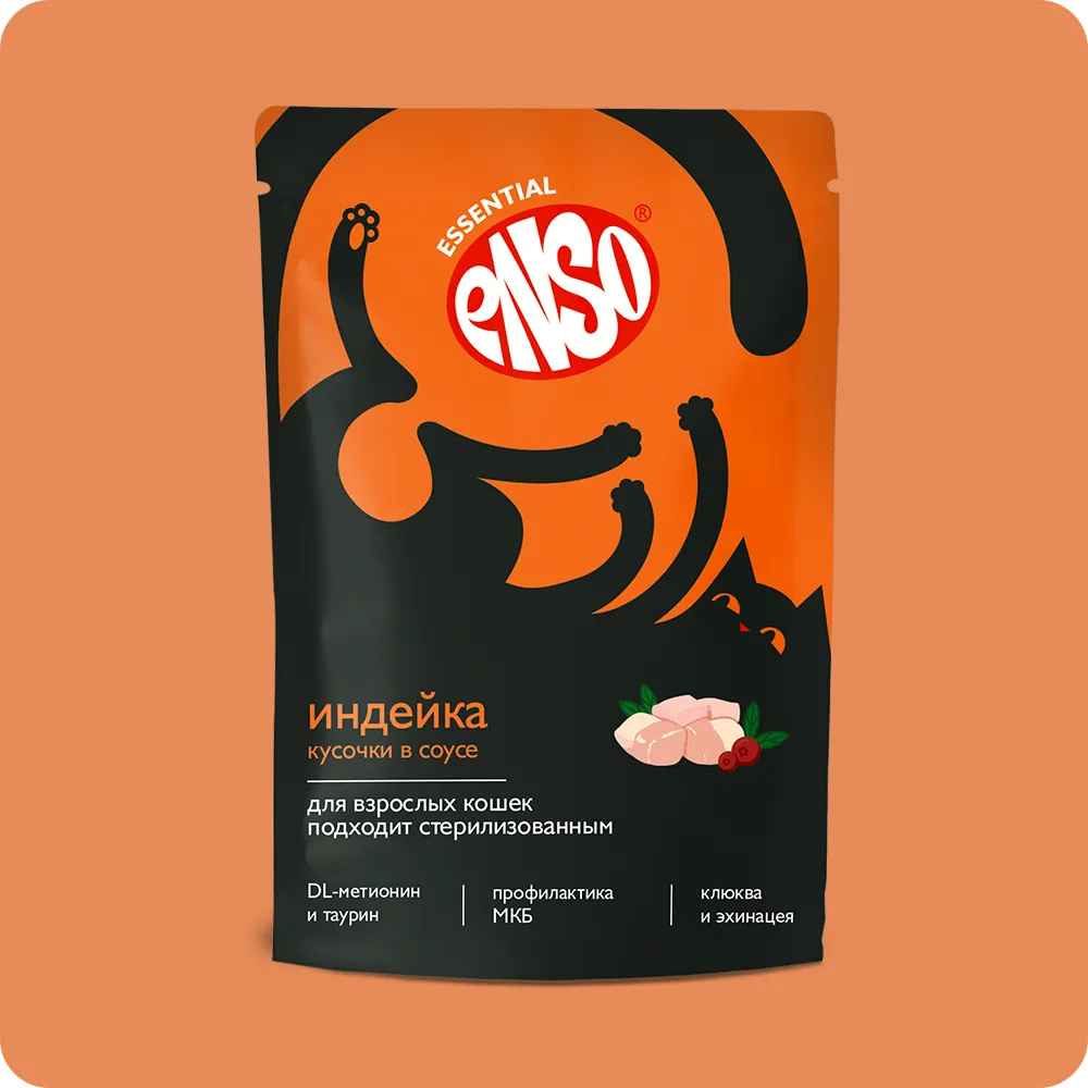 ENSO Корм влажный полнорационный для взрослых кошек, кусочки в соусе с индейкой, пауч 85г/24 (Без ха