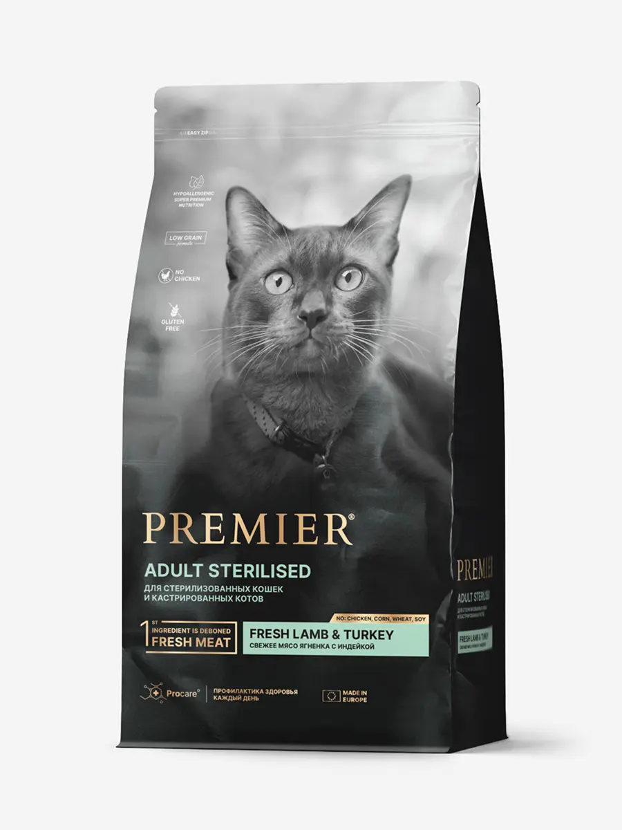 Premier Cat Lamb&Turkey STERILISED (Свежее мясо ягненка с индейкой для кошек) 2 кг, шт