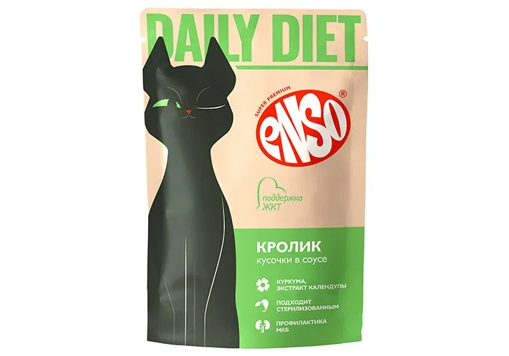ENSO DAILY DIET полнорационный пауч для кошек кусочки в соусе с кроликом здоровье жкт
