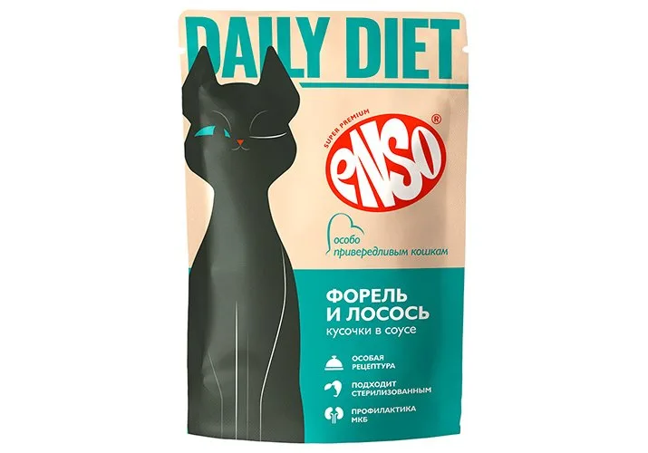 ENSO DAILY DIET полнорационный пауч для кошек кусочки в соусе с форелью и лососем для привередливых
