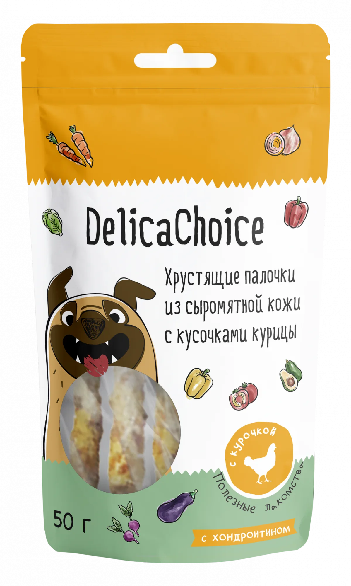 Хрустящие палочки из сыромятной кожи DelicaChoice с кусочками курицы, 50г, арт. Ла71
