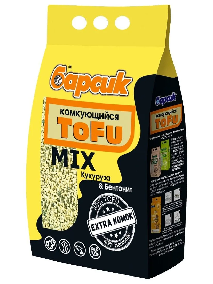 Барсик TOFU MIX "Кукуруза & Бентонит" комкующийся NEW 4,54 л