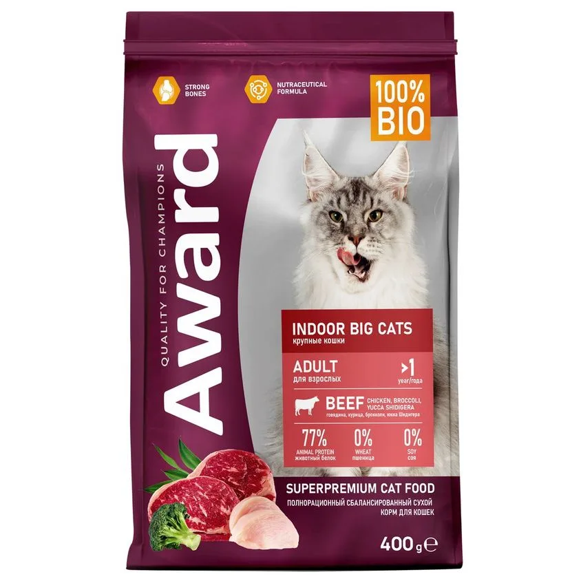 Корм сухой для взрослых домашних кошек крупных пород Award Indoor Big cats с говядиной и курицей, 400г фото 2