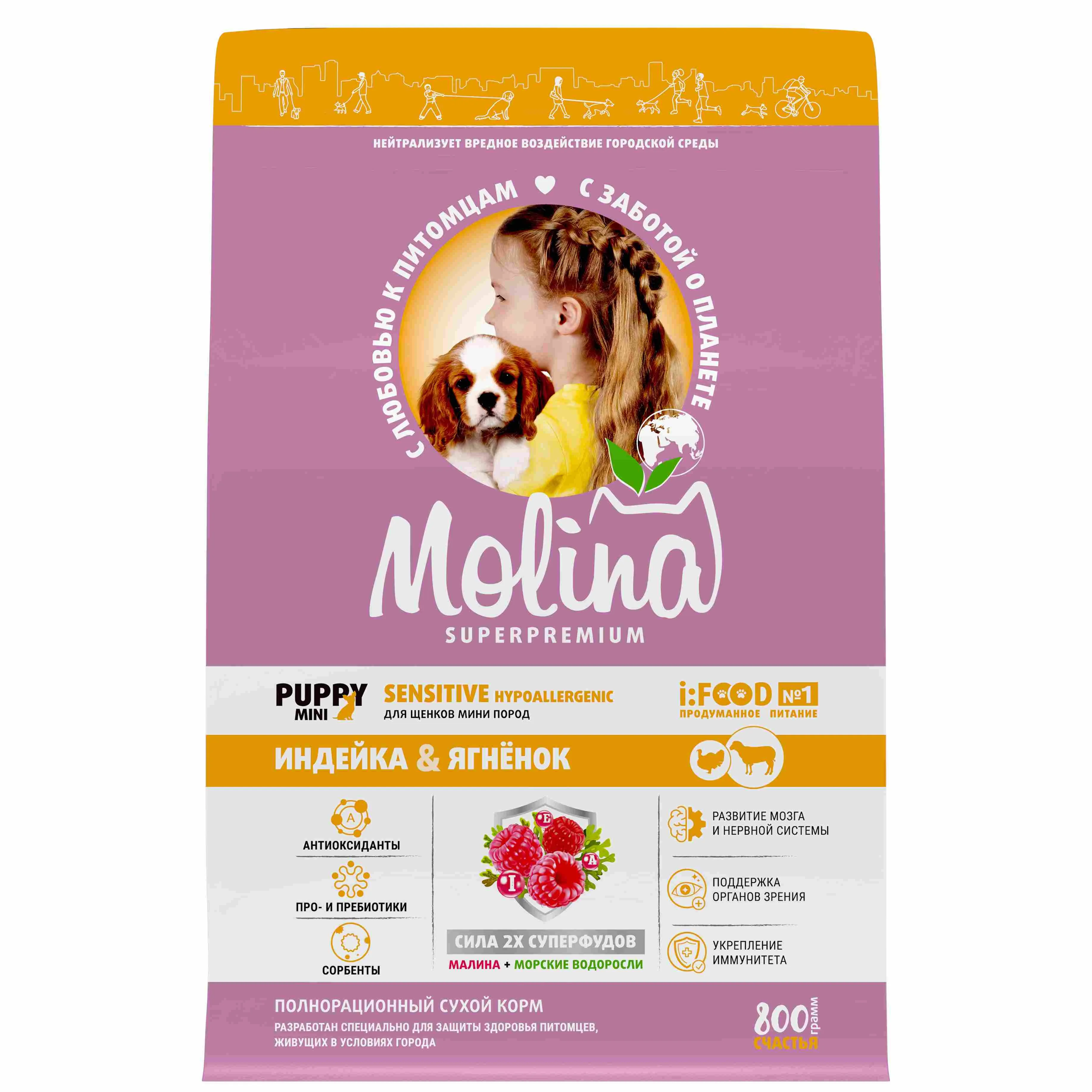 MOLINA, Сухой корм с инд и ягн для щенков и молод.собак мелк.пород, PUPPY&JUNIOR MINI,0.8 кг,1060833