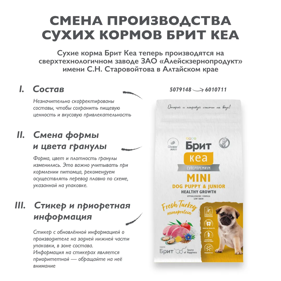 Брит Кеа Сух корм MINI DOG PUPPY & JUNIOR.HEALTHY GROWTH.MONOPROTEIN с индейкой д/щен,1.5кг фото 6