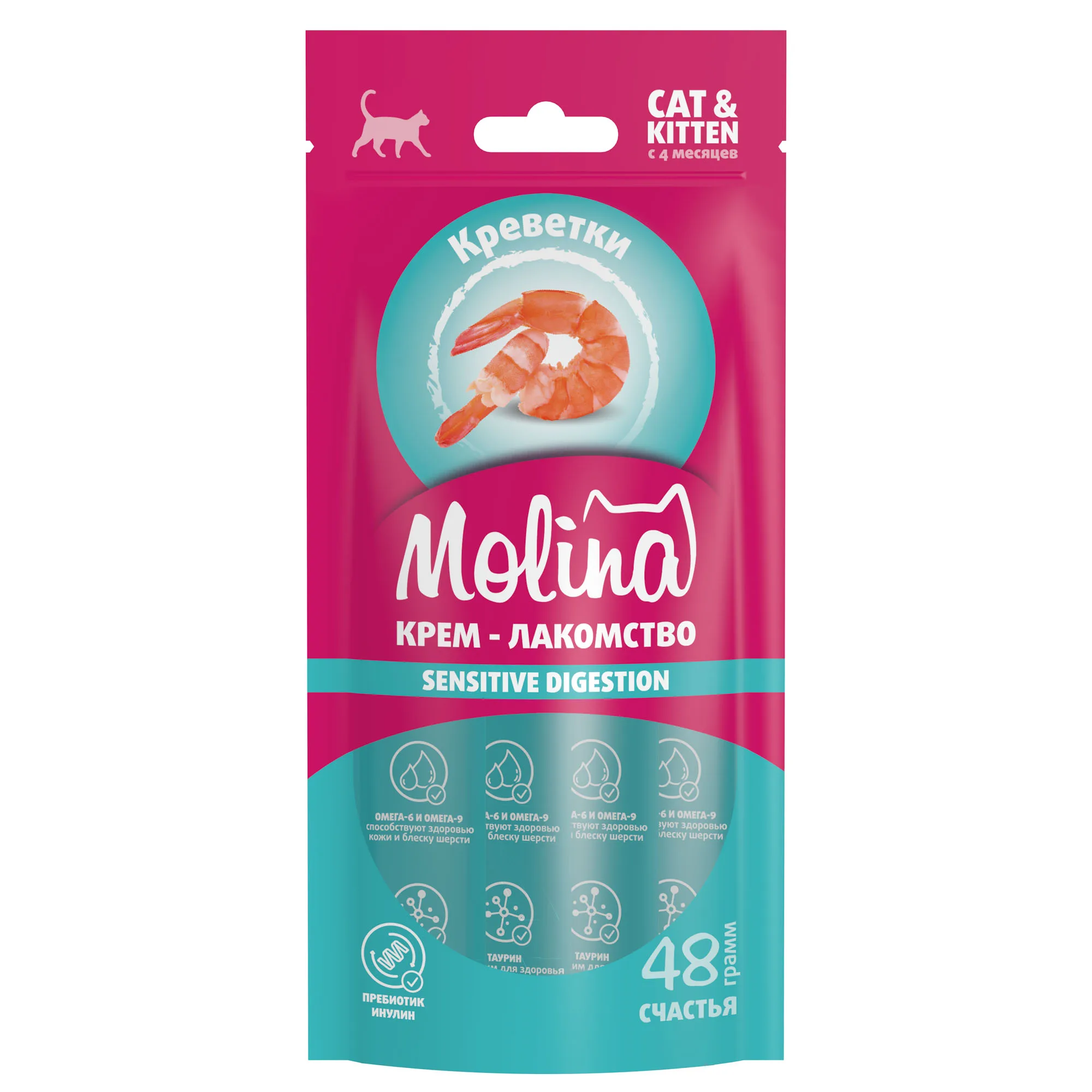 MOLINA, Функц. крем-лакомство с креветками д/взр.кош, Поддержка здорового метаболизма, 48г