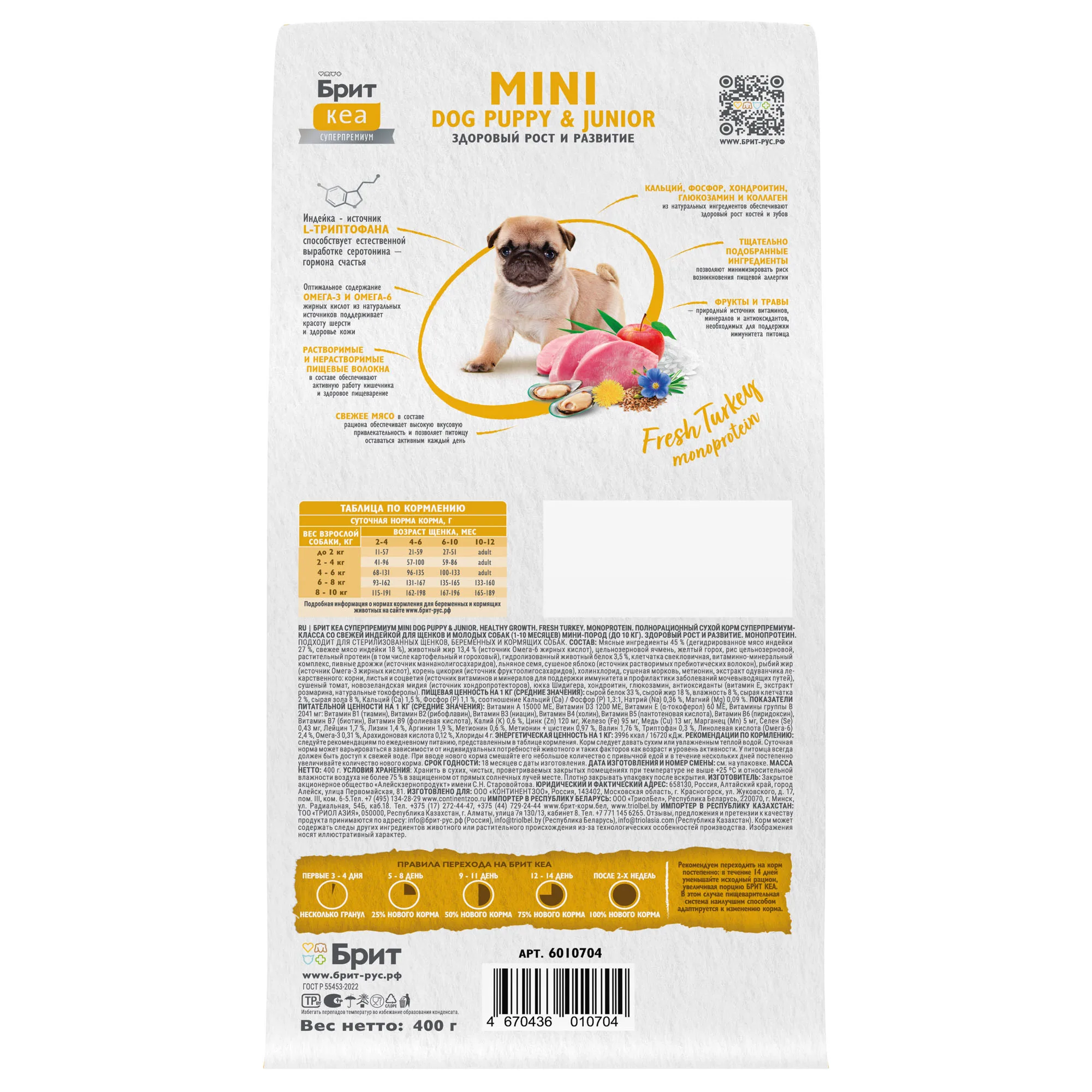 Брит Кеа Сух корм MINI DOG PUPPY & JUNIOR.HEALTHY GROWTH.MONOPROTEIN с индейкой д/щен 0.4кг фото 5