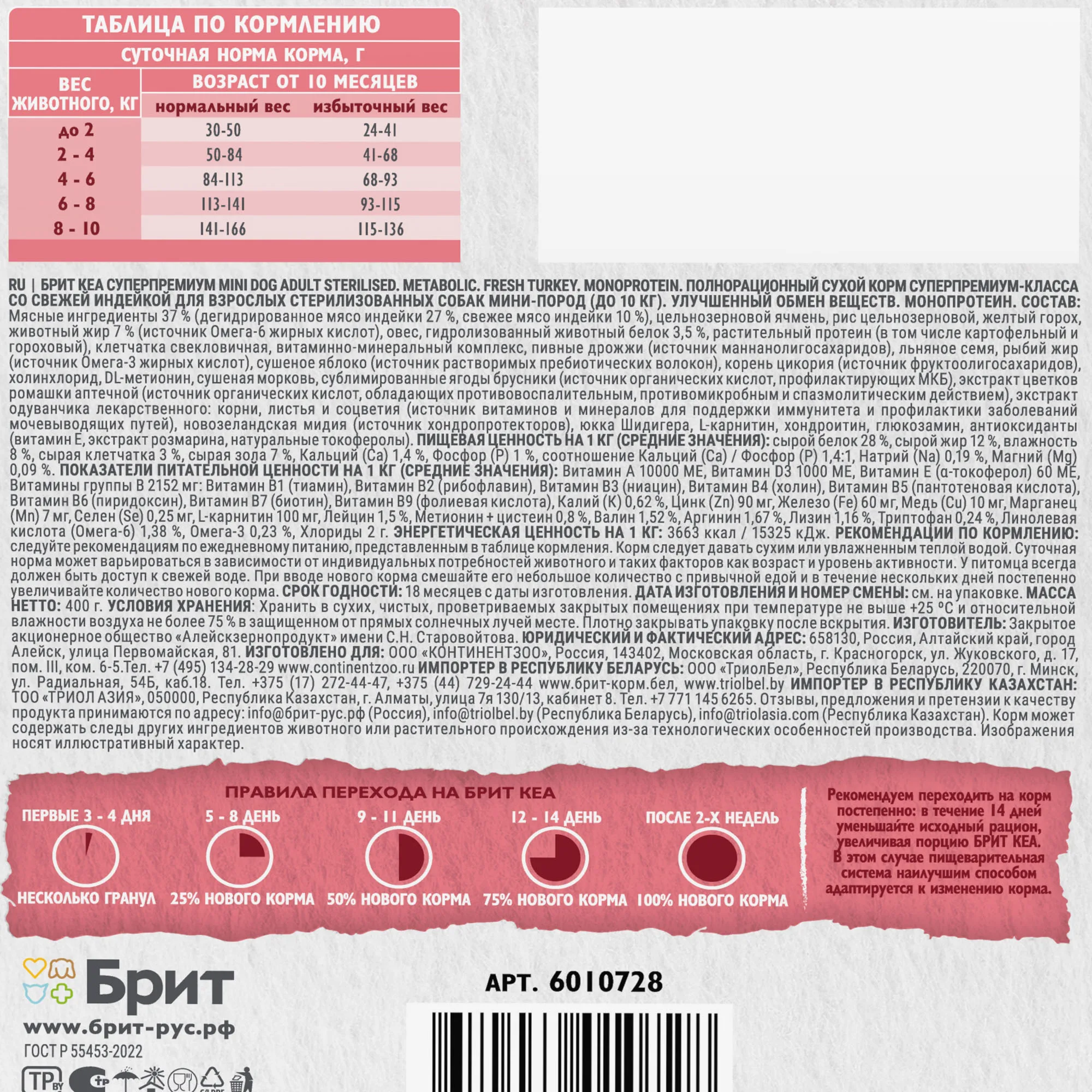 Брит Кеа Сухой корм MINI DOG ADULT STERILISED.METABOLIC.MONOPROTEIN с индейкой д/взр, 0,4кг, 6010728 фото 2